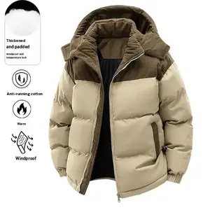 Men's casual winter jacket with removable hood, warm fleece-lined cotton color block, windproof, machine washable, for couples, outerwear
