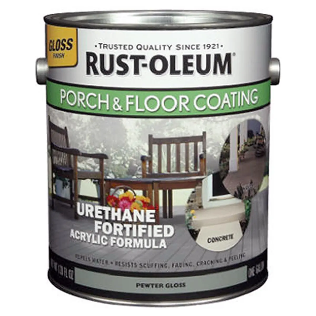 Rust-Oleum 1 gal Glossy Pewter Porch & Floor Coating - Easy Brush/Roller Application, Scratch, Scuff, Peel, Fade & Crack Resistant for Wood/Concrete Surfaces (Automotive & Motorcycle Paint Care), 1 Gallon