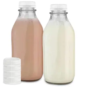 Stock Your Home Liter Glass Milk Bottles (2 Pack) - 32-Oz Milk Jars with Lids - Food Grade Glass Bottles - Dishwasher Safe - Bottles for Milk, Buttermilk, Honey, Maple Syrup, Jam, BBQ Sauce
