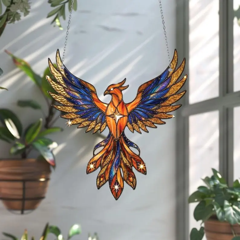 Mythical Phoenix Rising Acrylic Suncatcher Window Hanging Colorful Bird Decor Gift for Fantasy Lovers