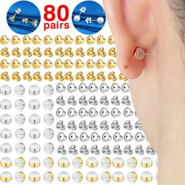 Locking Earring Backs for Studs, 80 Pairs Secure Earring Backs Replacements, Bullet Earring Stoppers with Simulated Pearl & Champagne Metallic & Silvery Metallic Finish, Hypoallergenic Earring Backs for Women