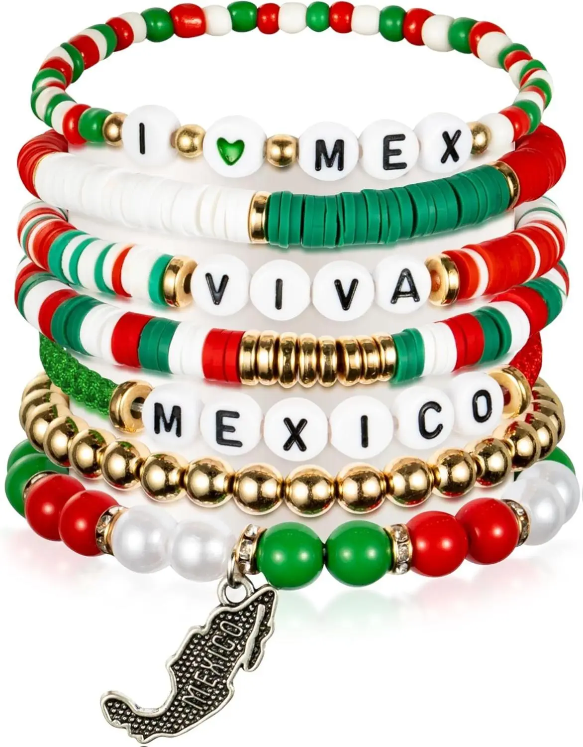 Y1tvei Viva Mexico Bracelet Set - 7Pcs Mexican Viva Crocodile Charm Clay Beaded Stretch Chains Freedom Day Inspiration Favors Gift 16th September Jewelry Supplies for Dia De La Independence Party