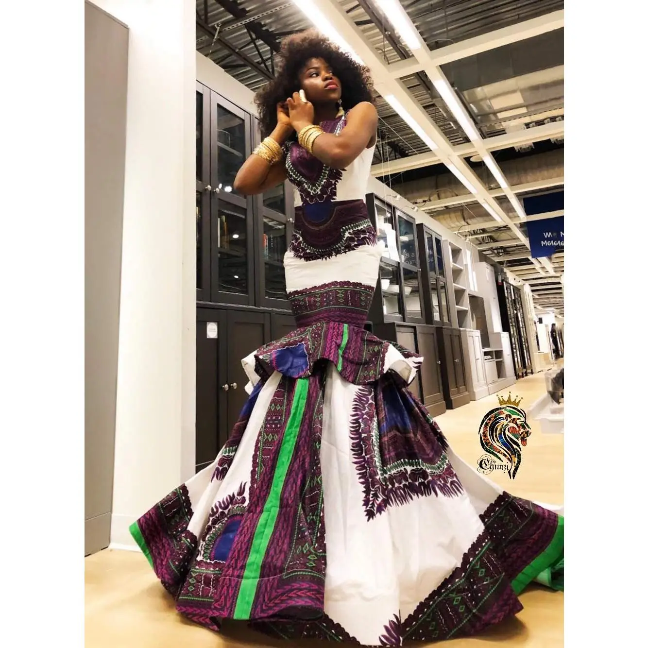 Queen Chinaza Women's Mermaid Dress In White And Purple African Ankara Das/Hiki Kente Print Fabric