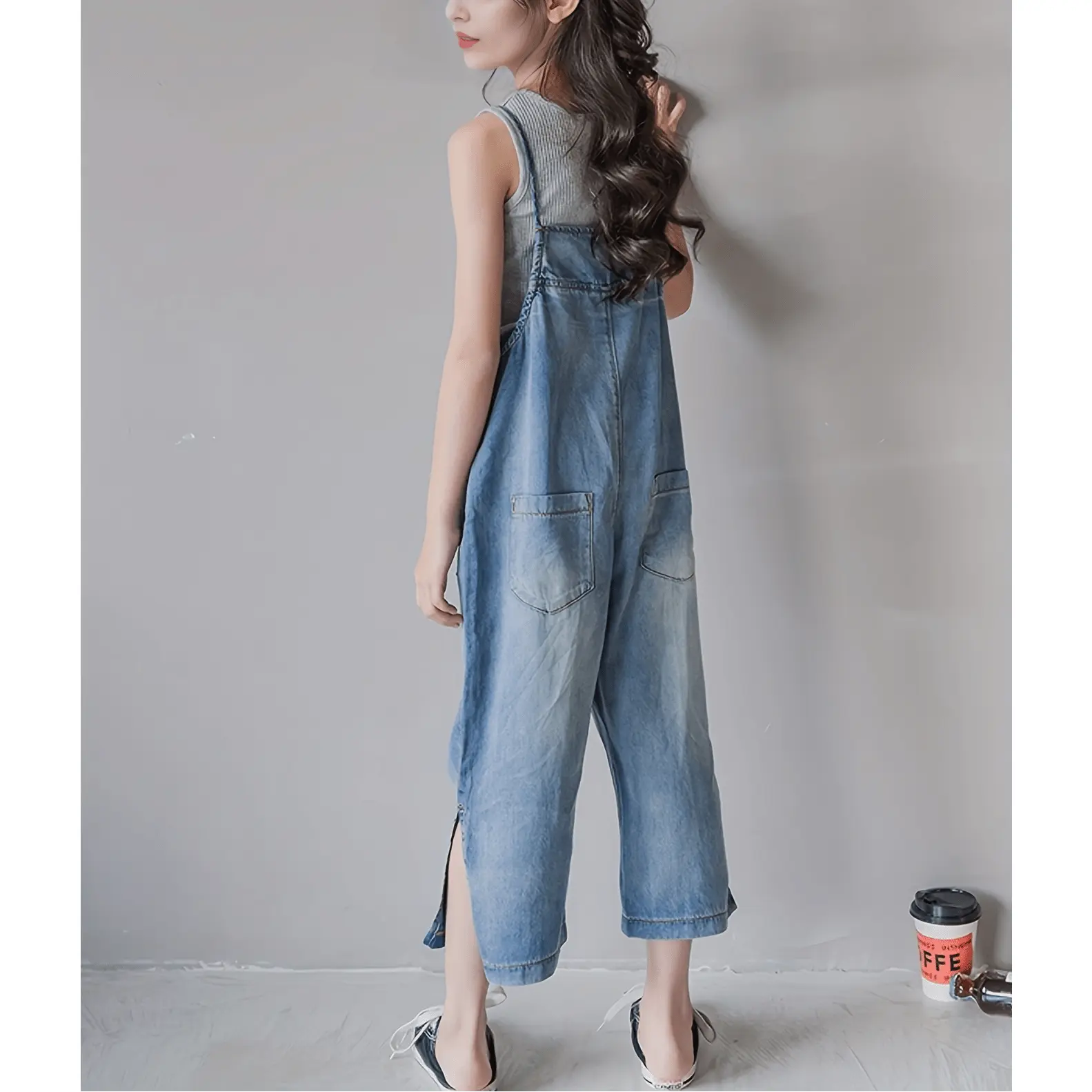 Girls' Pure Cotton Spring Wide-Leg Overalls - Korean Casual Style, Loose Woven Denim-Look Solid Fabric, Machine Washable, Comfort Fit, Front Pockets, Ideal for Outdoor Fun, Sizes 5-6y,7-8y,9-10y-DHY