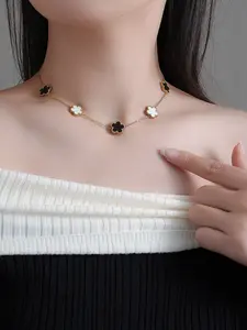 Five-Leaf Clover Necklace, Titanium Steel, Non-Fading, High-Quality Sweater Chain, Lucky Grass Jewelry, Elegant Accessory, Trendy Jewelry