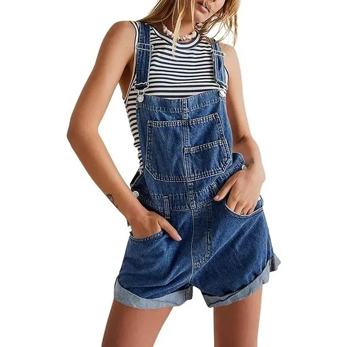 Imily Bela Womenswear Basic Overalls Shorts Denim Bib Straps Shorts Casual Solid Color Minimalist Rompers Jumpsuits With Pockets Pants