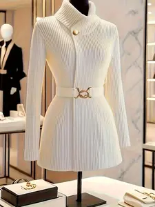 Women's New French Fitted Knit Cardigan with Belt, Vertical Striped Sweater Coat, Casual Fashion Pullover for Fall & Winter