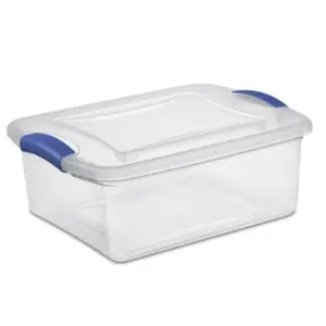 Sterilite 15 Quart Small Latching Storage Bin – Clear Plastic Storage Container with Secure Blue Latch Lid – Stackable Organizer for Closet, Office, Kitchen & Dorm