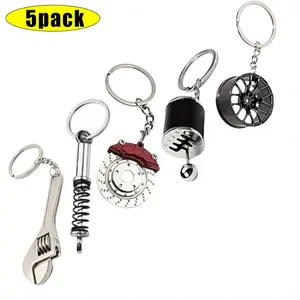 5Pcs Car Lovers Key Chain Set,Including Manual Gear Shifter,Wheel Rim,Spanner,Shock Absorber,Brake Disc Keychain,Auto Enthusiast Gift Set,Car Truck Bike,Parts Keyring,DIY Hand Tools Kits