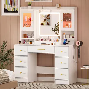 LAKEMID 7 Drawers White Vanity Table with Power Outlet, Lighting Mirror, Hair Dryer Rack, and RGB Cabinets, LED Lighted Vanity Desk Set light up Large sound sync Dimmable makeup 【Summervibes】