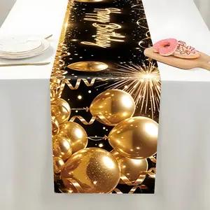 Luxurious Gold Happy Birthday Table Runner, Golden Balloon Fireworks Design, Festive Sparkle, High-End Party Decor, Washable Polyester, 70.8x13.8 Inches