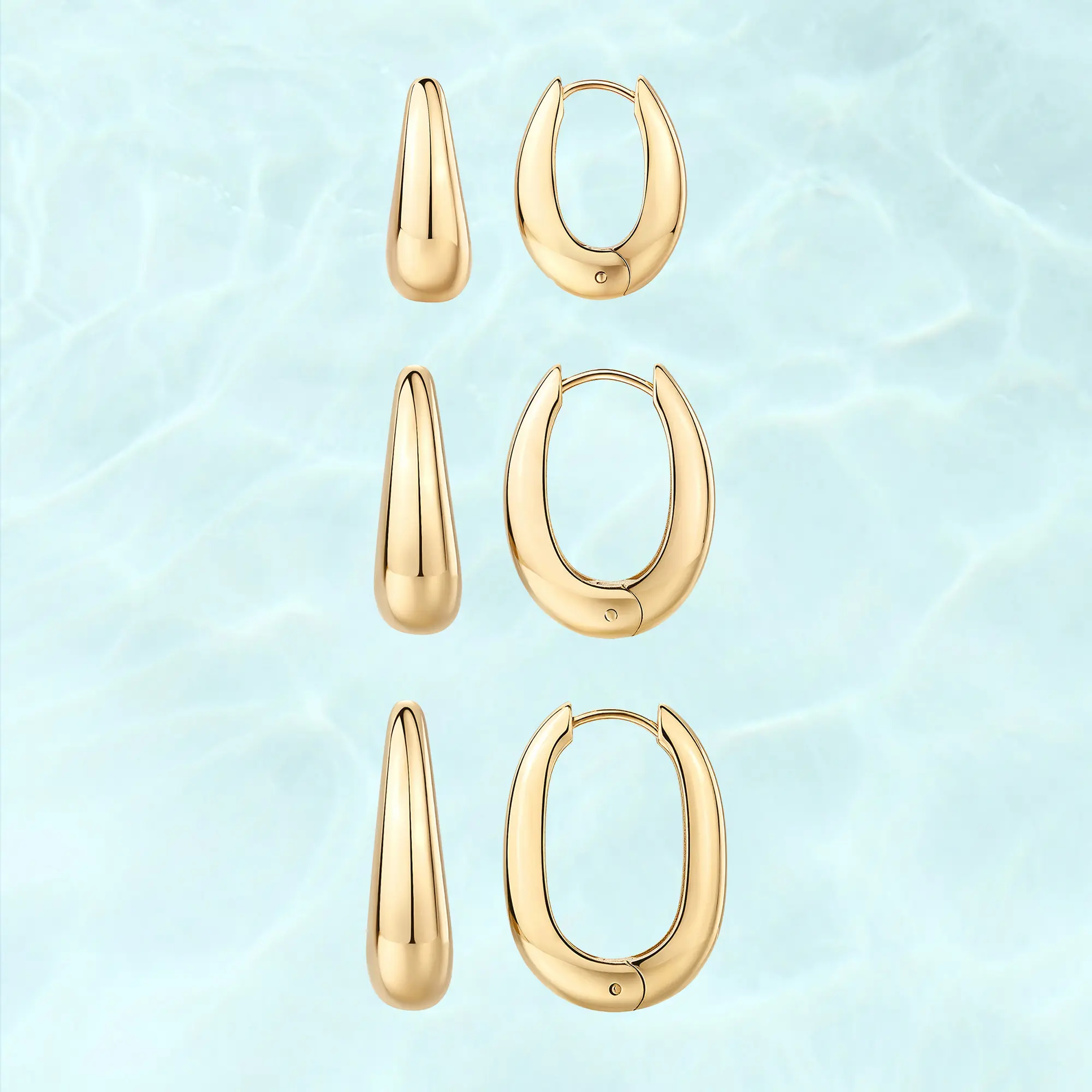 PAVOI Waterproof Set of 3 Chunky Hoop Earrings for Women - 14K Gold Plated Stainless Steel Oval Hoops - Thick Gold Earrings Set - Lightweight Trendy Summer Jewelry