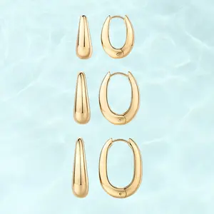 PAVOI Waterproof Set of 3 Chunky Hoop Earrings for Women - 14K Gold Plated Stainless Steel Oval Hoops - Thick Gold Earrings Set - Lightweight Trendy Summer Jewelry