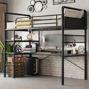 Garvee Loft Bunk Bed with L-Shaped Desk, Twin Loft Bed with Desk Underneath, Metal Bunk Beds Featuring High Guardrail and Ladder, Suitable for Teens and Adults, Easy Assembly, Vintage Black Finish