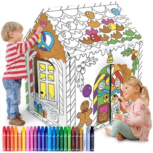 Gingerbread House Craft Kit for Kids with 24 Butter Crayons - Black and White Gingerbread Cardboard Playhouse to be Colored