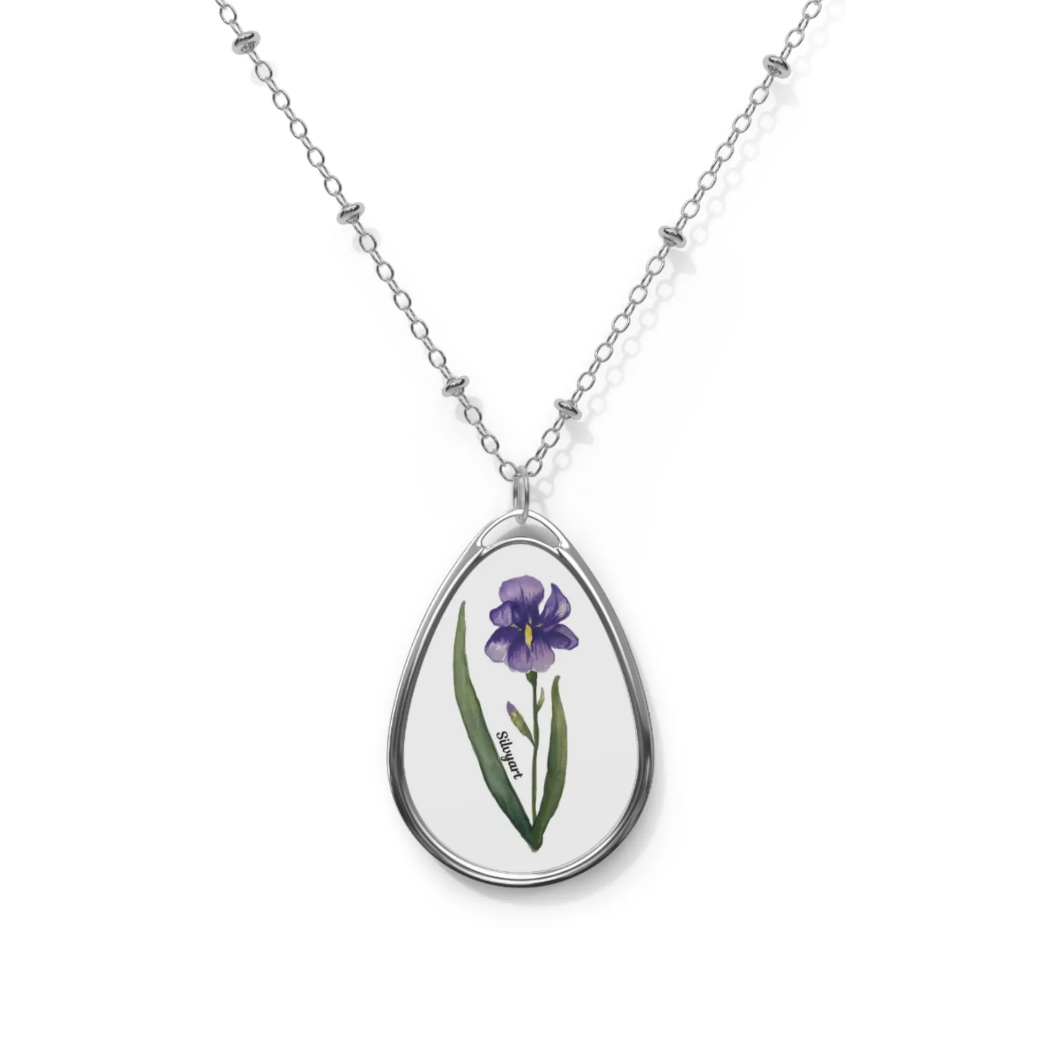 Purple Iris Floral Oval Necklace | Teardrop Pendant, Botanical Jewelry