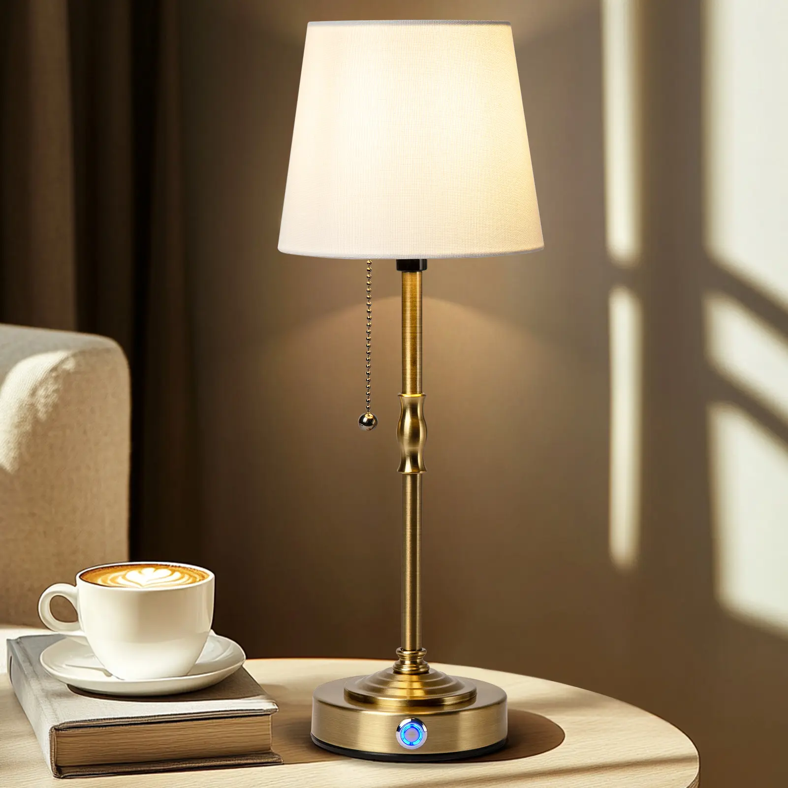 Shower Lamp Waterproof Cordless LED Table Lamp - 5200mAh Battery-Powered, Touch Dimming, Retro Gold-Tone Metal & Fabric Home Decor Light, Illuminated Metal-Toned Indoor Lamp for Living Room, Camping, Battery-Powered Table Lamps