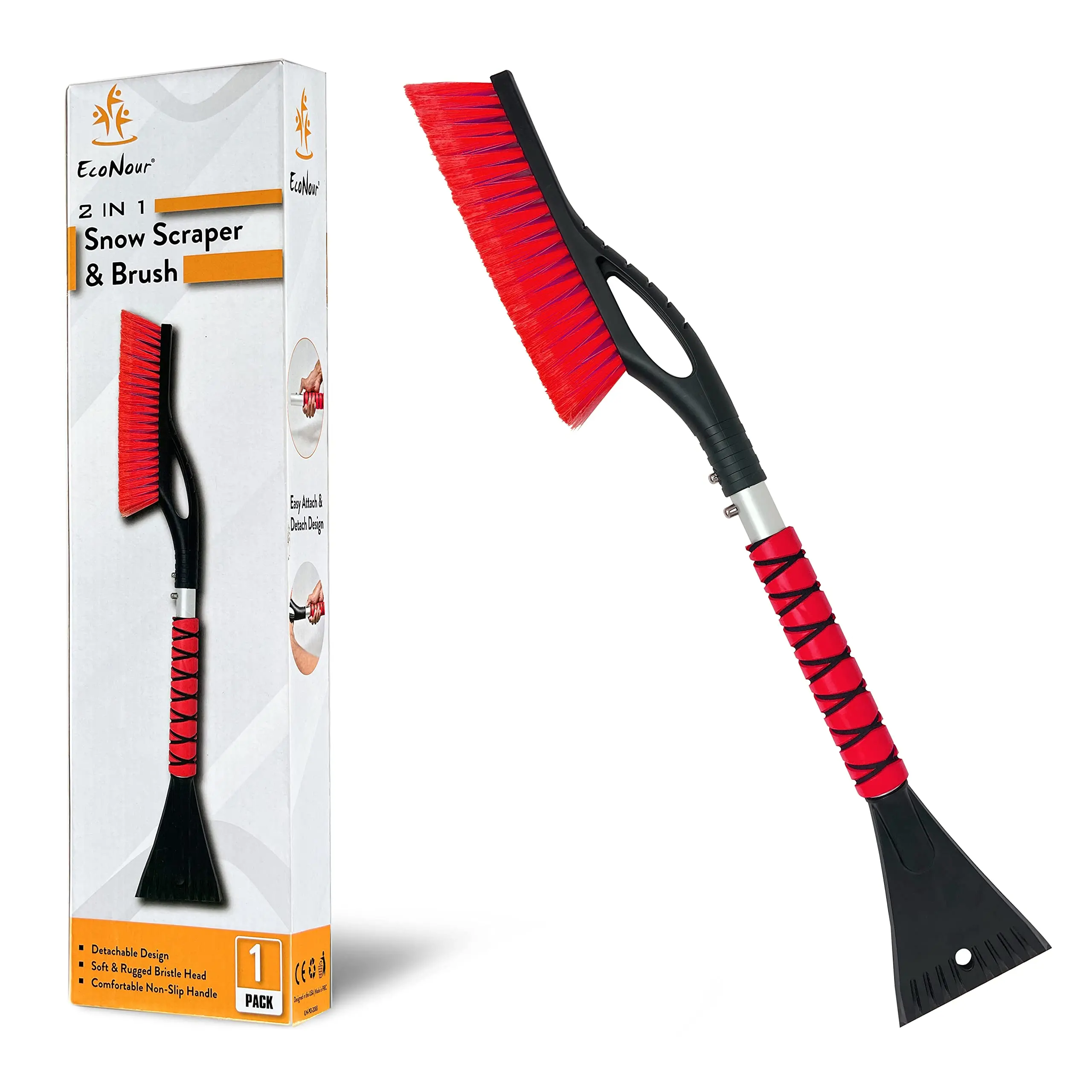 EcoNour 27" Aluminum Car Snow Scraper and Brush, 1 Pack (Red) – Car Detailing Tools for Snow Removal