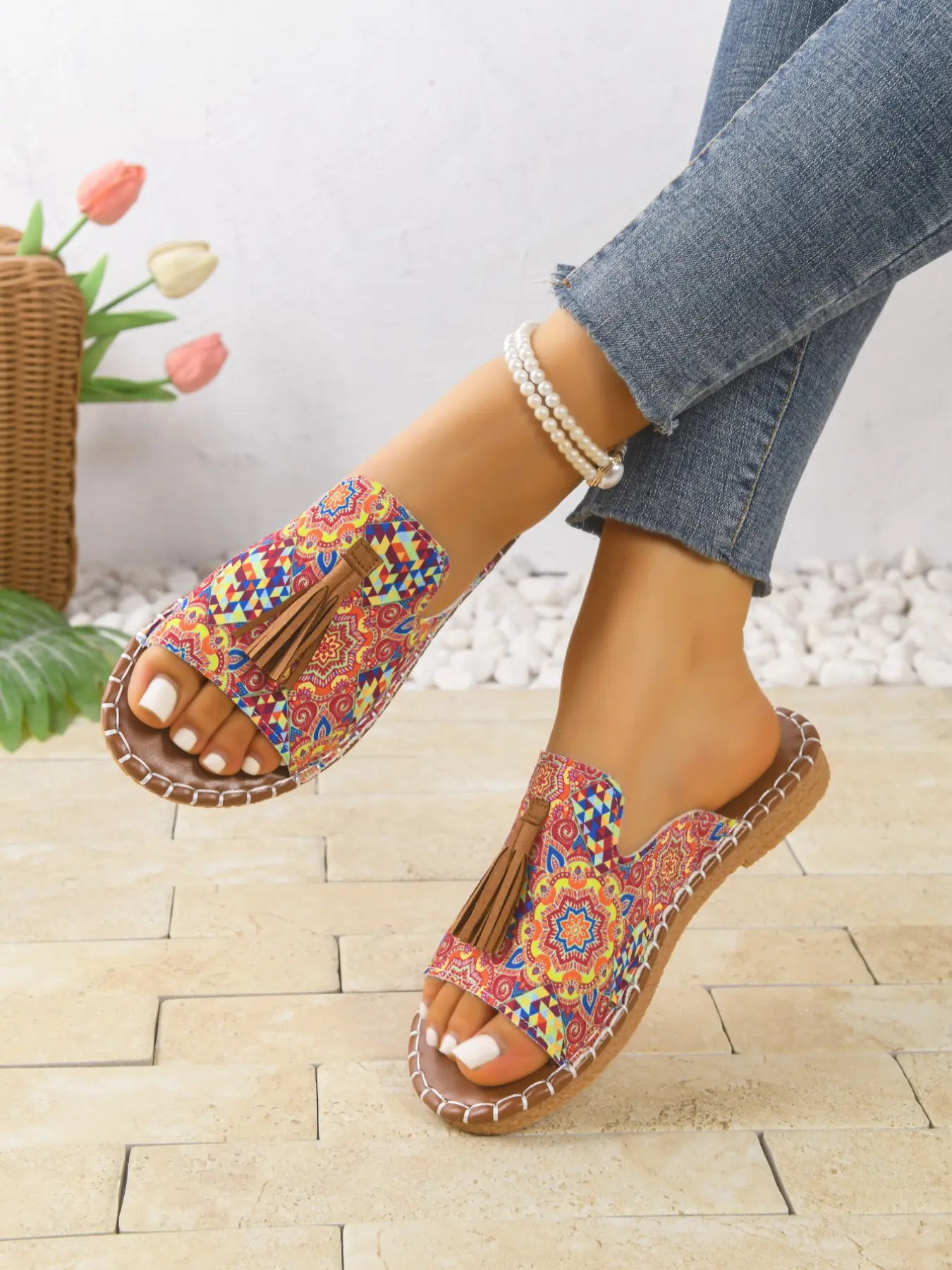 Women's Summer Sandals, Bohemian Style, Print Pattern Flat Design, Lightweight Comfortable, Ideal for Beach Vacation, Daily Wear, Beach Footwear