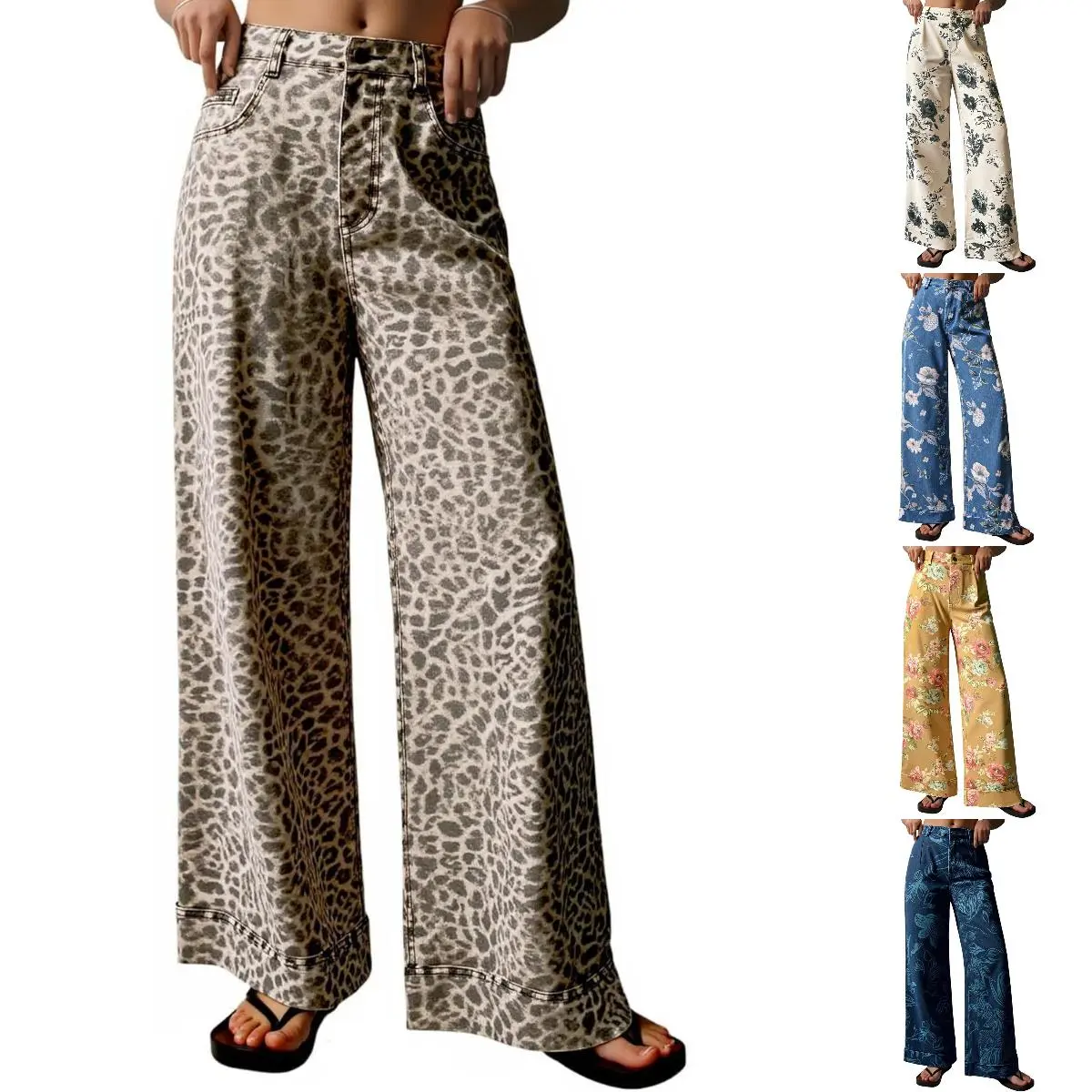 Imily Bela Women's Floral Baggy Wide Leg Jeans Casual High Waisted Boyfriend Vintage Boho Denim Pants with Pockets