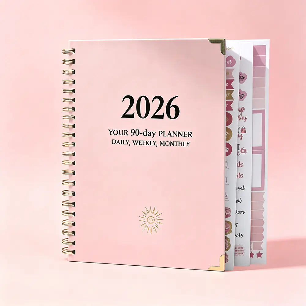 2026 90-Day Spiral Planner, Elegant Pink with Gold Accents, Hardcover Daily Organizer Notebook, 8×9.6 Inches, Spiral Bound, Pink Gift Box Packaging, Productivity, All-In-One