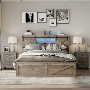 Farmhouse Queen/King Size Bed Frame with LED Lights & Charging Station, Wooden Headboard with Sliding Barn Door Storage Cabinets, 2 Underbed Drawers, No Box Spring Needed