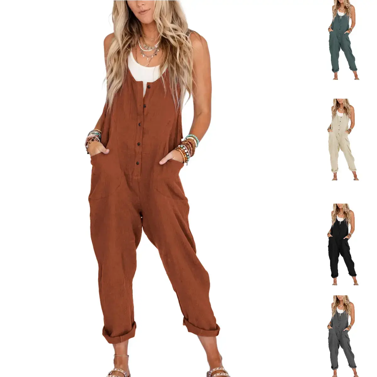 Mundoven Womens Overalls Linen Cotton Jumpsuits Loose Casual Jumpers with Pockets