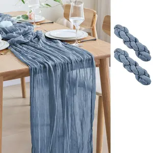 Bohemian Style Blue Cheese Cloth Table Runner, 2 Pack Lace Table Runners, Perfect for Wedding Birthday Party Outdoor Events Decorations