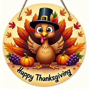 2D flat decoration: 1 piece of wooden circular logo Thanksgiving Turkey wall decoration, cute cartoon Turkey with a hat and autumn leaf design, bar, club holiday decoration, Thanksgiving home decoration, festive home embellishment, durable wall art