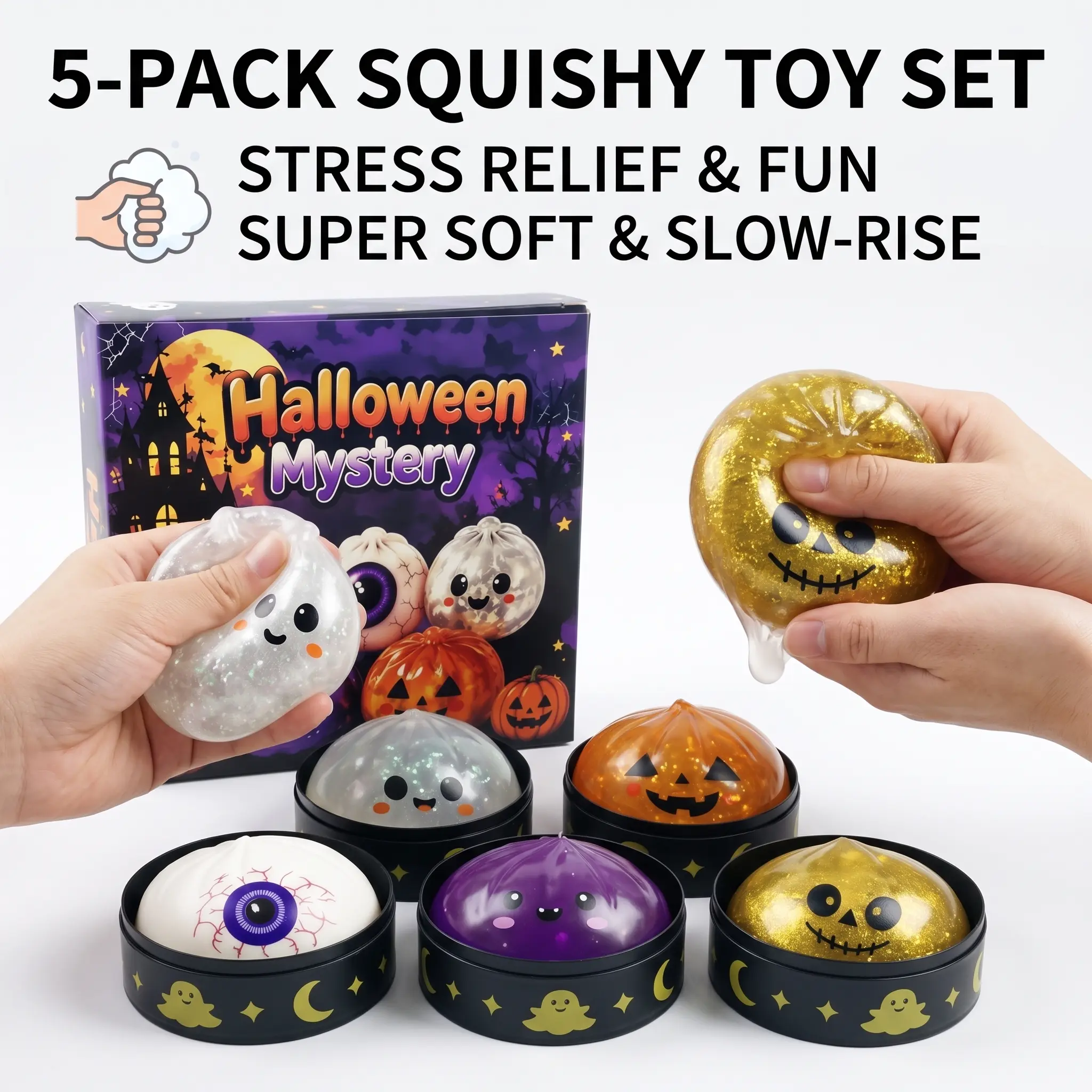 5PCS Halloween Squishy Toys Set, Cute Pumpkin Sensory Stress Relief Fidget Toys, Soft Slow Rising Squeeze Toys for Kids Adults, Spooky Party Favors Halloween Gifts