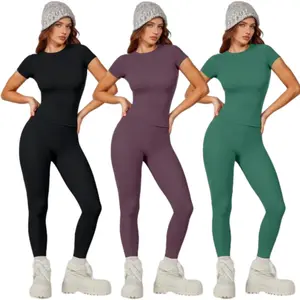 Women's 2-Piece Nylon Blend Quick-Drying Yoga Set - Fitted Short-Sleeve T-Shirt, High-Waisted Thermal-Lined Compression Leggings for Gym Exercise, Women's Clothing, 2 Piece Sets