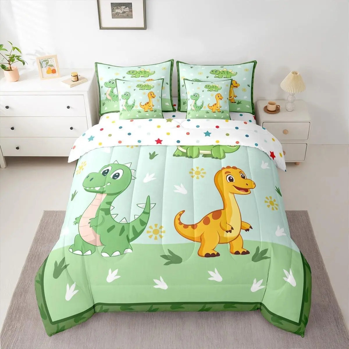 Dinosaur 7 Piece Bedding Set Kids Cute 3D Dino Comforter Set with Sheets Jungle Dino Bed in a Bag with Comforter,Sheets,Pillowcases & Cushion Cover Soft Microfiber Cartoon Room Decor