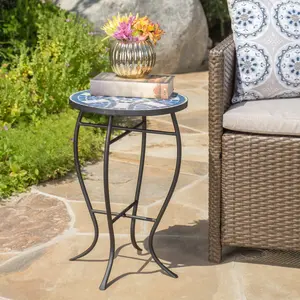 ARCH Christopher Knight Home® Outdoor Round Side Table with Mosaic-Style Top and Curved Iron Legs, End Table-Blue ,Wihte and Matte Black    RR