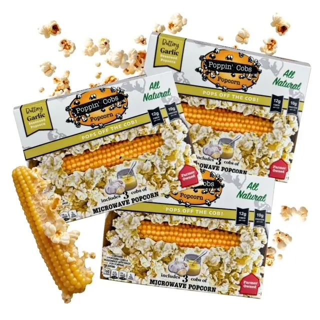 Poppin’ Cobs 3 Pack Buttery Garlic Microwave Popcorn - Healthy Crunchy Snack that Pops right off the cob! (3) Three Pack Crispy Snack - good source of Fiber and Protein