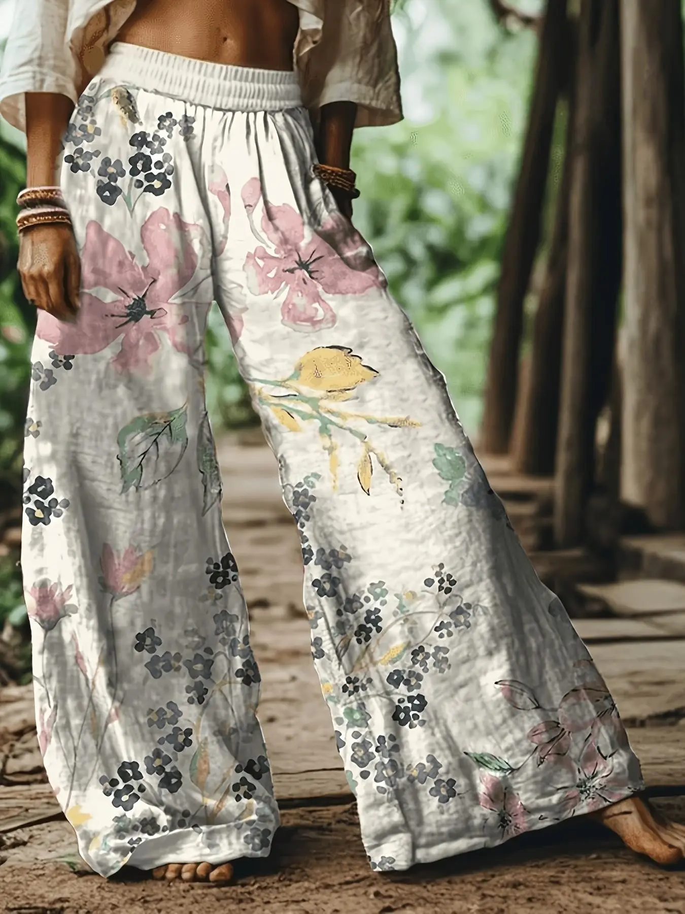 Women's Boho Bohemian Floral Print Casual Baggy Long Elastic Pants, Comfortable Breathable Fabric, Ideal for Vacation, Home, Daily Wear, Suitable for Spring Summer Fall