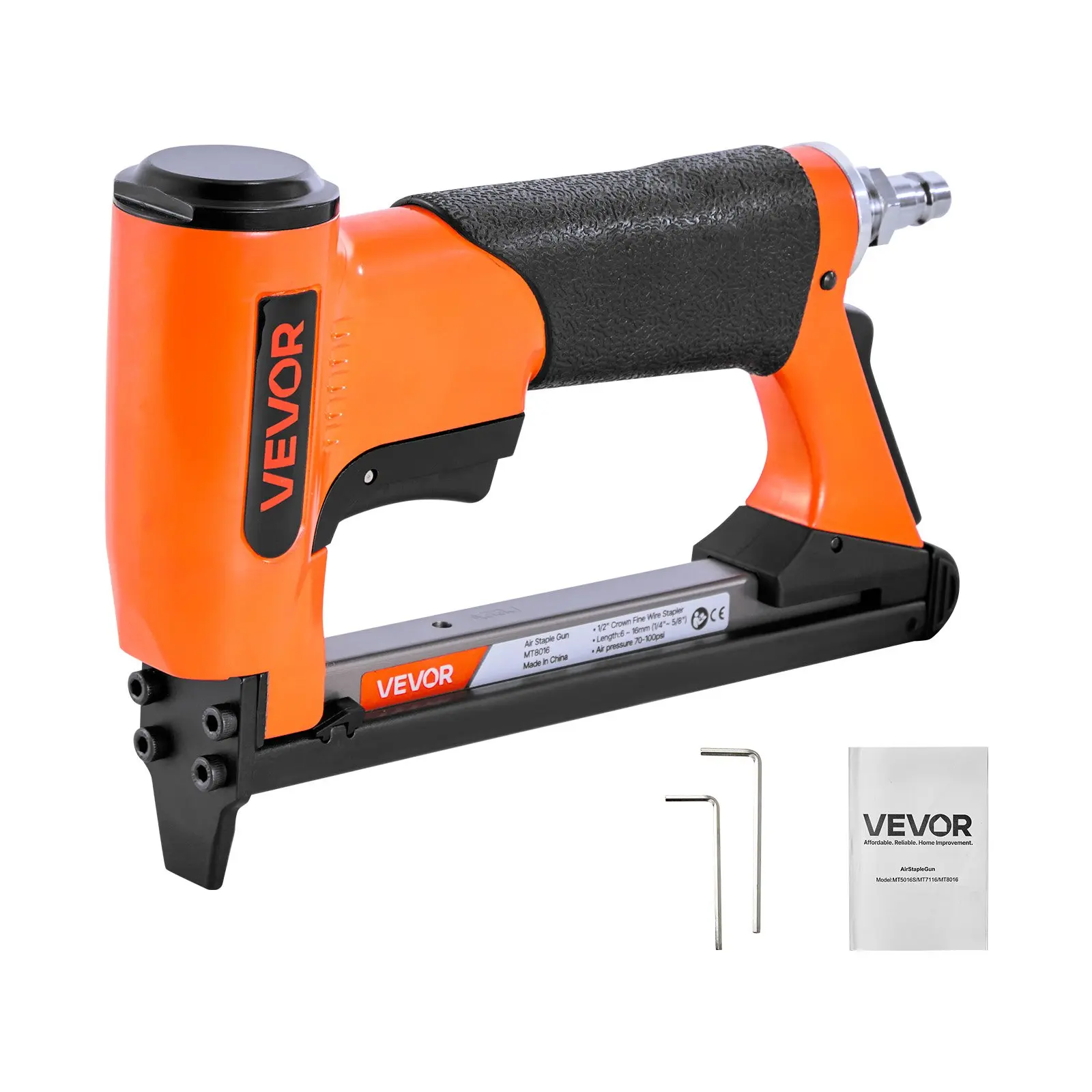 VEVOR MT8016 21 Gauge Pneumatic Staple Gun, 1/2" Crown 80 Series Fine Wire Stapler - 1/4"-5/8" Length, 1/4" NPT, 2.2 lbs, Aluminum Alloy Frame, Sequential Fire, Max 150pcs Loading for Upholstery, Woodworking, DIY Projects