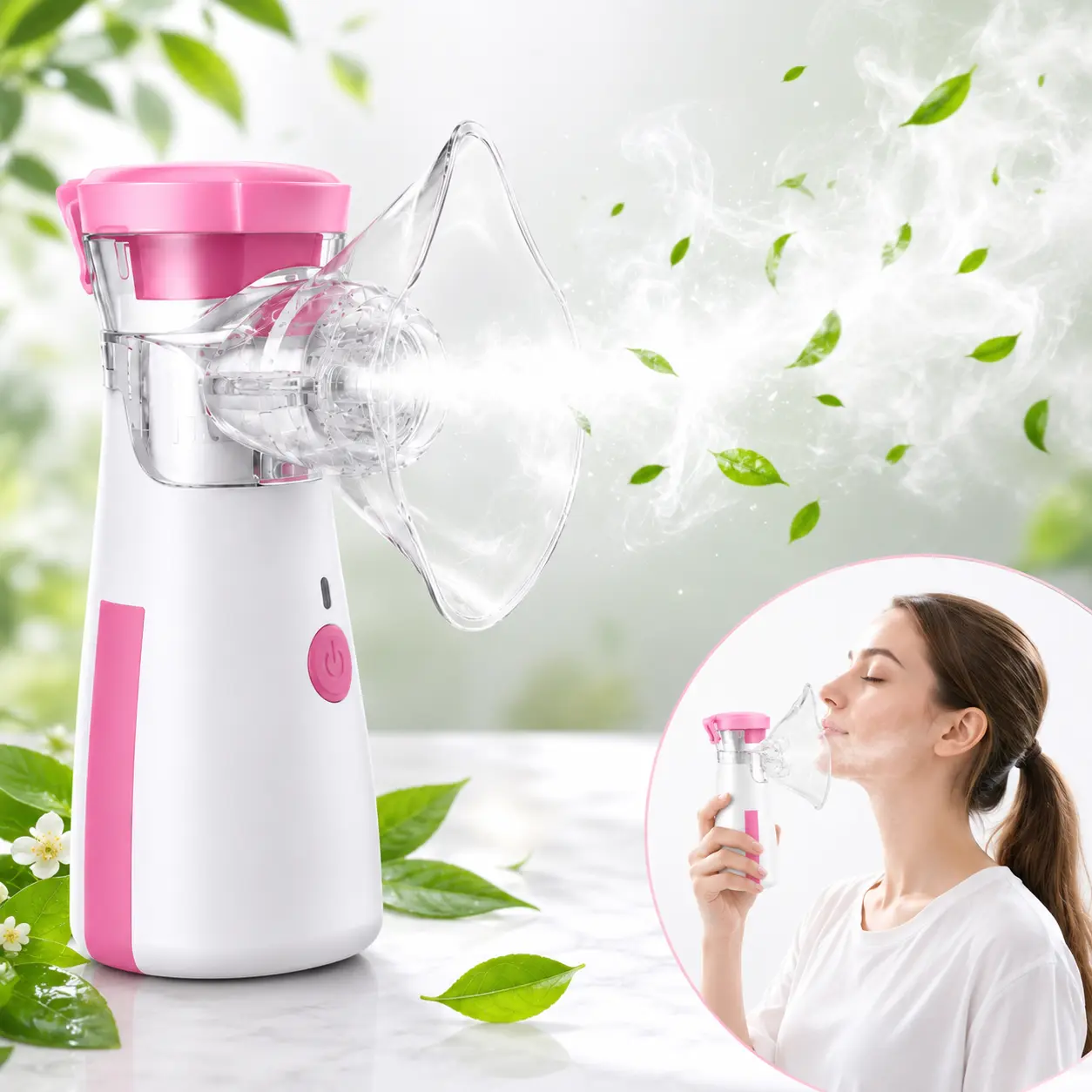 Pink Portable Handheld Mesh Nebulizer for Adults & Kids, Type-C Rechargeable Fine Mist Device with Mask, Low-Noise 1-Button Compact Design for Home & Travel