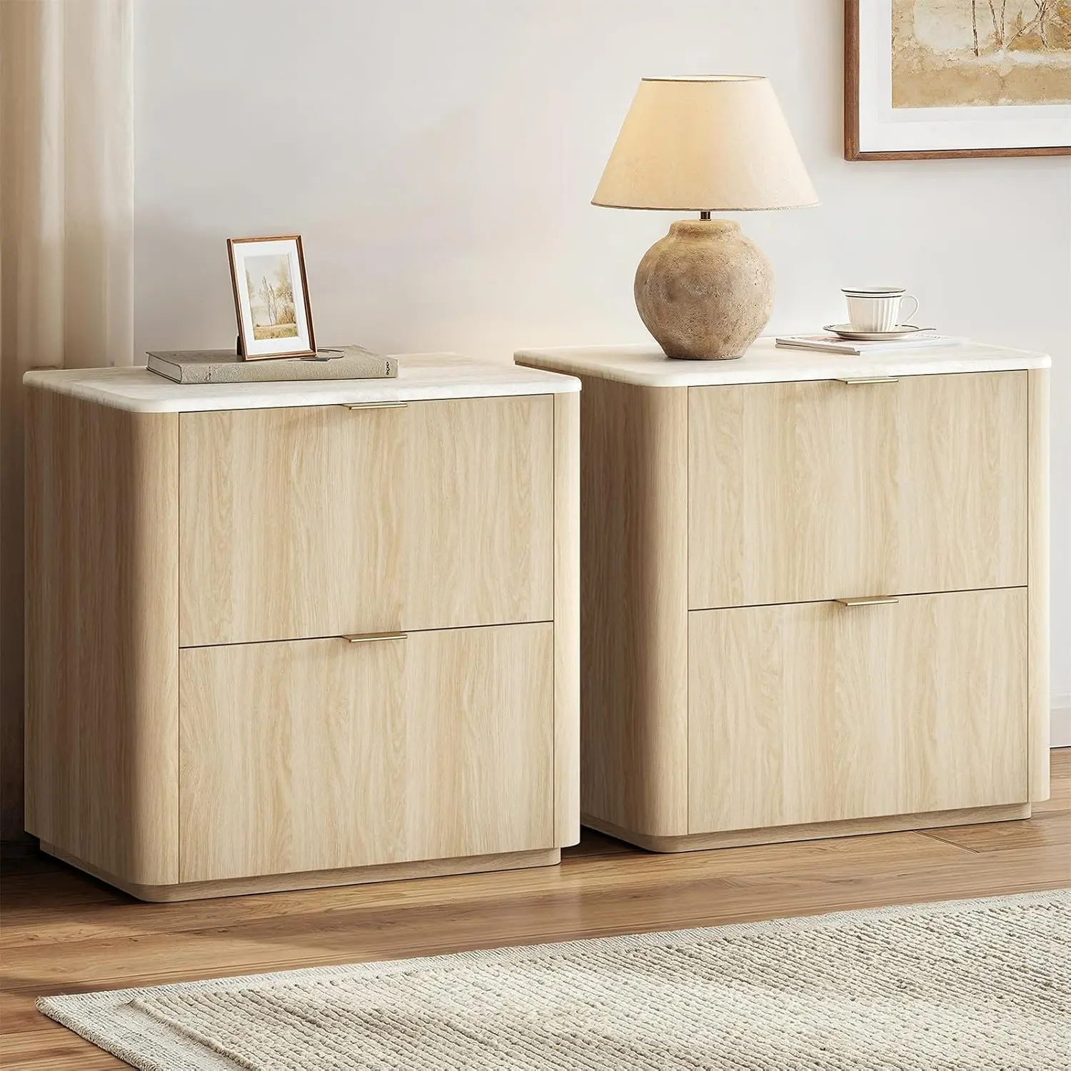 [2 Packages Shipping] ModernMate 2-Piece Nightstand Set - 23.6in Faux Travertine Top Narrow, Family-Friendly, Drawer-Equipped, Assembled Bedside Tables with 2 Drawers, Metal Handles, Space-Saving Indoor Bedroom Furniture