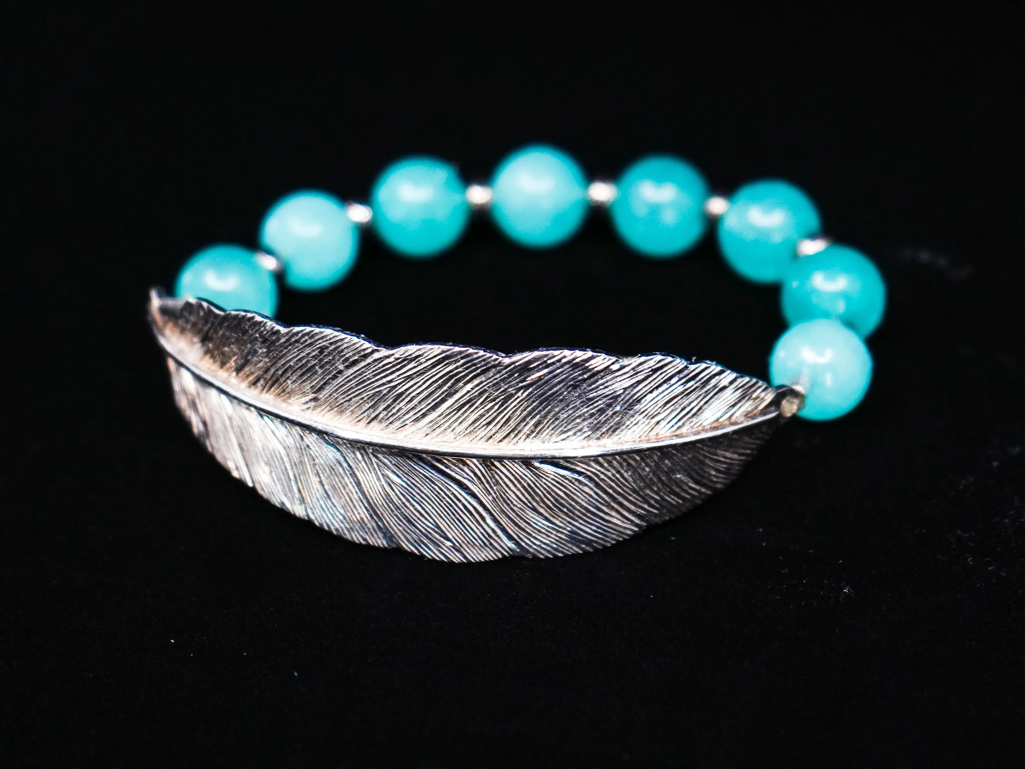 Protection Silver Feather Bracelet with Amazonite Beads - Handcrafted in Peru