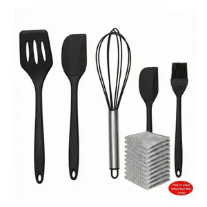 5pcs Silicone Kitchenware Set, Food Grade Silicone Scraper, Leakage Shovel, EggBeaters, Brush  Combination Set, Heat Resistant Kitchen,Kitchen Utensils & Gadgets, suitable for 4 hole  frying pan, Free10-piece Metal Wire Dish Cloths  Spatula tikto Aluminum