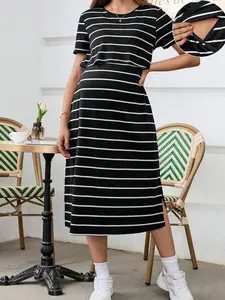 Striped Maternity Nursing Dress - Simple Style, Short Sleeve Breastfeeding Friendly