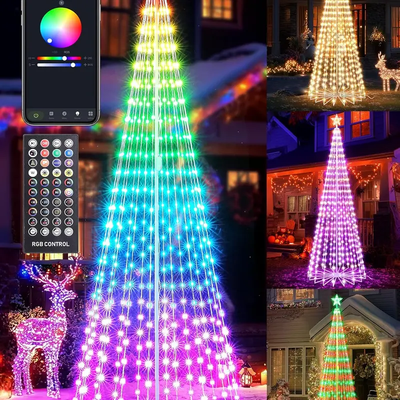 Flacchi Smart LED Star Christmas Cone Tree Lights - Removable, Dimmable, App & Remote Control, Musical Sync, Adjustable Metal Bracket Star Topper, Waterfall Mood Light, Indoor-Outdoor Use Decorative Christmas Decor