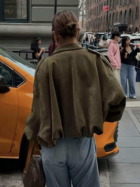Women's Suede Bomber Jacket Spring Lapel Pilot Coat Casual Oversized Long Sleeves Trendy Streetwear