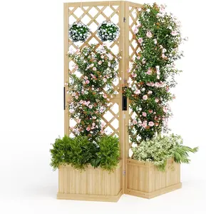 Raised Garden Bed with Trellis, 65" Wooden Planter Container with Drainage Holes, 2/3 Panel Freestanding Garden Fence for Patio, Deck & Backyard