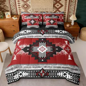 Aztec Rhombus Kids 7 Pieces Comforter Set,Retro Ethnic Tribal Geometric Print Reversible Quilt Set,Western Native Boho Red Black Bedding Set
