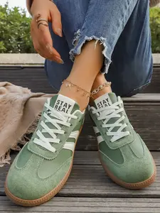 Women's Sage Green & White Suede Striped Platform Sneakers Lace-Up Retro Three-Stripe Detail Thick Sole Walking Shoes Breathable Comfortable Non-Slip, Sneaker Slip Resistant Casual Sports Footwear