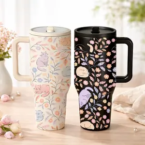 40oz Insulated Tumbler with Handle and Straw, Tumbler with lid, Cat Floral Print Travel Mug, Double Wall Stainless Steel Vacuum Cup for Hot and Cold Drinks, Insulated Thermos, Car Cup Holder Friendly, Gift for Valentine’s Day, Birthday