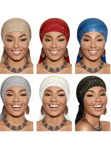 New Six-Piece Crystal Headscarf Set, Elastic Headband, Women's Bonnet, Pre-Tied Crystal-Adorned Scarf, Hat, Bandana, Hair Accessory
