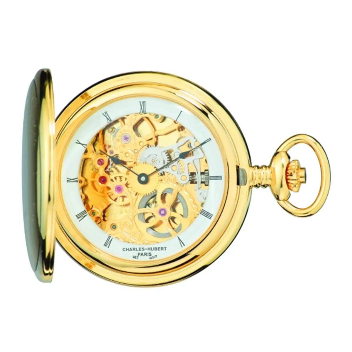 212 MAIN Unisex Fashion Mechanical Pocket Watch - Brushed Finish, Gold-Plated Stainless Steel Hunter Case, Skeleton Dial, Gold Watches, Includes Gift Box