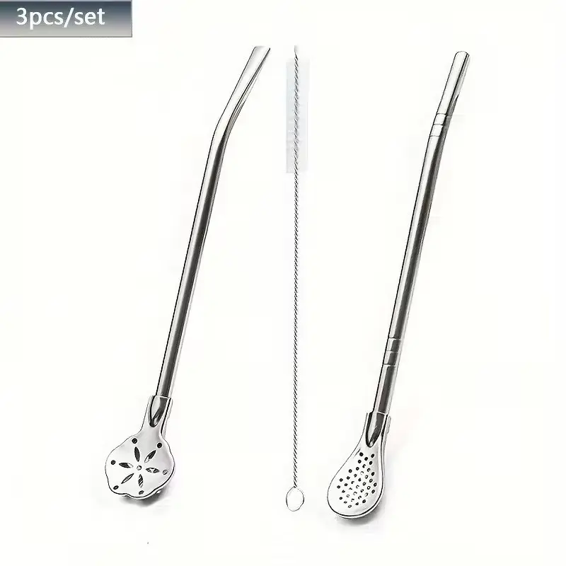 3-Piece Stainless Steel Filter Straw Spoon Set with Cleaning Brush, Reusable Tea Coffee Cocktail Straws, Multi-Functional Home & Hotel Use, Beverage Utensil